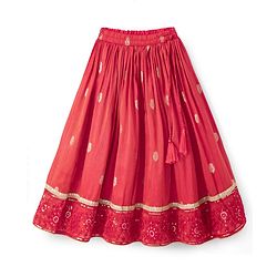 Babyhug Premium 100% Cotton Woven 3/4th Bell Sleeves Lehenga Choli and Dupatta Set With Floral Foil Print in Red
