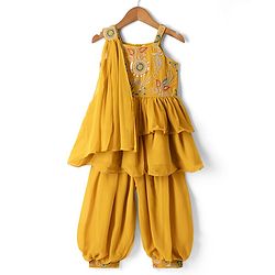 Babyhug Georgette Woven Sleeveless Kurta & Salwar Set With Dupatta - Mustard