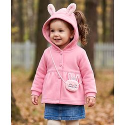 Babyhug Knit Full Sleeves Sweat Jacket with Hood & Bunny Applique - Pink