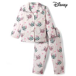 Babyhug Disney Poplin Woven Full Sleeves Co-Ords Shirt & Pyjama Night Suit with Striped & Stitch Graphic - Offwhite