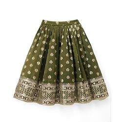 Babyhug Woven Half Sleeves Brocade Floral Zari Embroidered Lehenga Choli and Dupatta Set with Sequin Detailing - Green