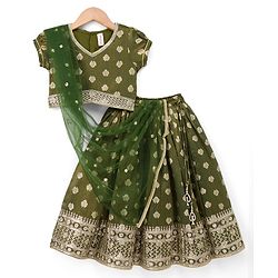 Babyhug Woven Half Sleeves Brocade Floral Zari Embroidered Lehenga Choli and Dupatta Set with Sequin Detailing - Green