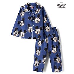 Babyhug Disney 100% Cotton Poplin Woven Full Sleeves Co-ord Shirt & Pajama Night Suit with Mickey Mouse Graphic Print - Navy Blue