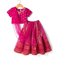 Babyhug Woven Brocade Half Sleeves Printed Choli & Lehenga Set With Dupatta - Fuchsia