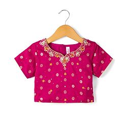Babyhug Woven Brocade Half Sleeves Printed Choli & Lehenga Set With Dupatta - Fuchsia