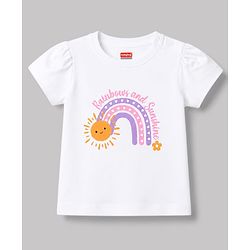 Babyhug 100% Cotton Terry Knit Half Sleeves Top & Shorts Set With Rainbow Print - White & Orange