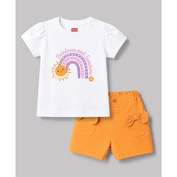 Babyhug 100% Cotton Terry Knit Half Sleeves Top & Shorts Set With Rainbow Print - White & Orange