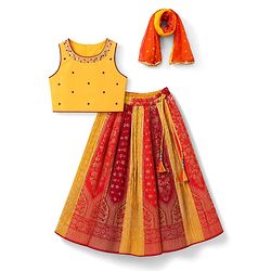 Babyhug Brocade Woven Sleeveless Lehenga Choli & Dupatta Set With Embellishment - Yellow