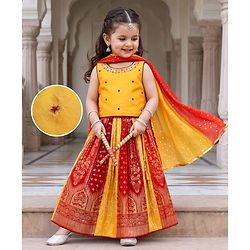Babyhug Brocade Woven Sleeveless Lehenga Choli & Dupatta Set With Embellishment - Yellow