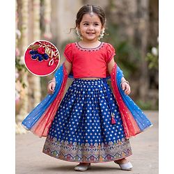 Babyhug Woven Half Sleeves Brocade Floral Zari Embroidered Lehenga Choli and Dupatta Set - Blue