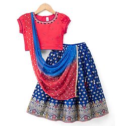 Babyhug Woven Half Sleeves Brocade Floral Zari Embroidered Lehenga Choli and Dupatta Set - Blue
