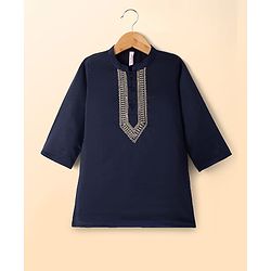 Babyhug Cotton Blend Full Sleeves Kurta and Pyjama Set with Geometric Embroidery in Navy Blue for 3-6 Months