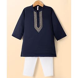 Babyhug Cotton Blend Full Sleeves Kurta and Pyjama Set with Geometric Embroidery in Navy Blue for 3-6 Months