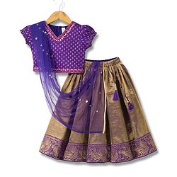 Babyhug Woven Brocade Half Sleeves Printed Choli & Lehenga Set With Dupatta - Purple