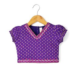 Babyhug Woven Brocade Half Sleeves Printed Choli & Lehenga Set With Dupatta - Purple