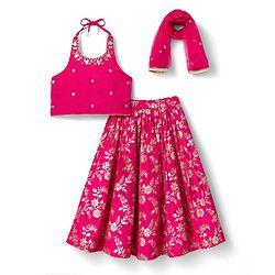 Babyhug Woven Sleeveless Brocade Floral Foil Print Lehenga Choli and Dupatta Set - Fuchsia