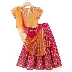 Babyhug Brocade Woven Half Sleeves Embellished Choli & Lehenga Set With Dupatta - Fuchsia