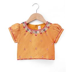 Babyhug Brocade Woven Half Sleeves Embellished Choli & Lehenga Set With Dupatta - Fuchsia