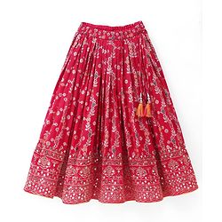 Babyhug Brocade Woven Half Sleeves Embellished Choli & Lehenga Set With Dupatta - Fuchsia