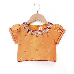 Babyhug Brocade Woven Half Sleeves Embellished Choli & Lehenga Set With Dupatta - Fuchsia