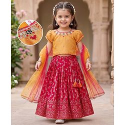 Babyhug Brocade Woven Half Sleeves Embellished Choli & Lehenga Set With Dupatta - Fuchsia