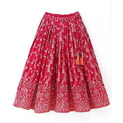 Babyhug Brocade Woven Half Sleeves Embellished Choli & Lehenga Set With Dupatta - Fuchsia