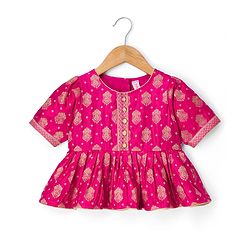 Babyhug Brocade Woven Half Sleeves Lehenga, Choli and Dupatta Set with Damask Foil Print - Fuchsia