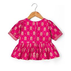 Babyhug Brocade Woven Half Sleeves Lehenga, Choli and Dupatta Set with Damask Foil Print - Fuchsia