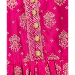Babyhug Brocade Woven Half Sleeves Lehenga, Choli and Dupatta Set with Damask Foil Print - Fuchsia