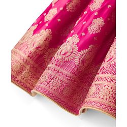 Babyhug Brocade Woven Half Sleeves Lehenga, Choli and Dupatta Set with Damask Foil Print - Fuchsia