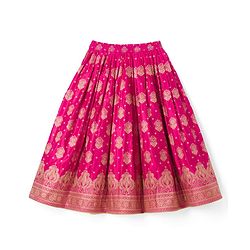 Babyhug Brocade Woven Half Sleeves Lehenga, Choli and Dupatta Set with Damask Foil Print - Fuchsia