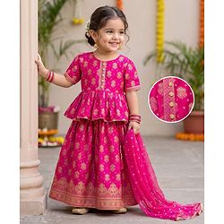 Babyhug Brocade Woven Half Sleeves Lehenga, Choli and Dupatta Set with Damask Foil Print - Fuchsia