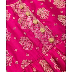 Babyhug Brocade Woven Half Sleeves Lehenga, Choli and Dupatta Set with Damask Foil Print - Fuchsia