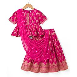 Babyhug Brocade Woven Half Sleeves Lehenga, Choli and Dupatta Set with Damask Foil Print - Fuchsia