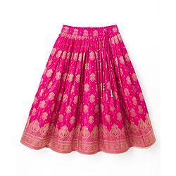 Babyhug Brocade Woven Half Sleeves Lehenga, Choli and Dupatta Set with Damask Foil Print - Fuchsia