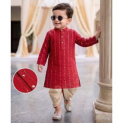 Babyhug Georgette Woven Full Sleeves Sequin Embroidered Dhoti Kurta Set - Red
