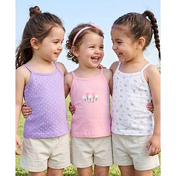 Babyhug 100% Cotton Single Jersey Knit Sleeveless Polka Dots & Floral Print Slips Pack of 3 - Purple White & Pink