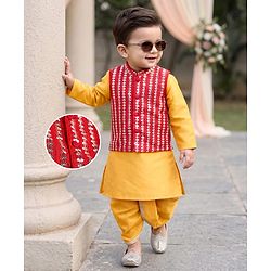 Babyhug Cotton Blend Woven Full Sleeves Solid Dhoti Kurta Set With Sequin Detailing & Embroidery Jacket - Mustard