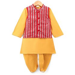 Babyhug Cotton Blend Woven Full Sleeves Solid Dhoti Kurta Set With Sequin Detailing & Embroidery Jacket - Mustard