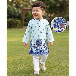 Babyhug 100% Cotton Woven Full Sleeves Floral Foil Printed Kurta & Pyjama Set - Light Blue