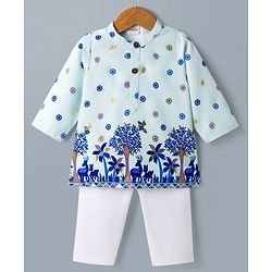 Babyhug 100% Cotton Woven Full Sleeves Floral Foil Printed Kurta & Pyjama Set - Light Blue