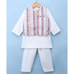 Babyhug Cambric 100% Cotton Woven Full Sleeves Kurta & Pyjama Set With Printed Jacket - White