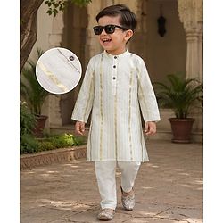 Babyhug 100% Cotton Lurex Woven Full Sleeves Striped Dobby Kurta Pajama Set - White