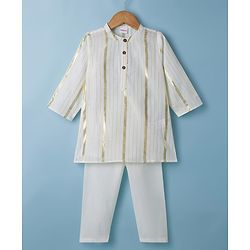 Babyhug 100% Cotton Lurex Woven Full Sleeves Striped Dobby Kurta Pajama Set - White
