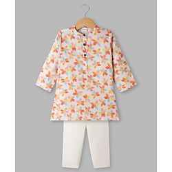 Babyhug 100% Cotton Cambric Woven Full Sleeves Hakkoba Floral Printed Kurta Pajama Set - Off White