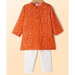 Babyhug 100% Cotton Cambric Woven Full Sleeves Bandhani Printed Kurta Pajama Set - Orange
