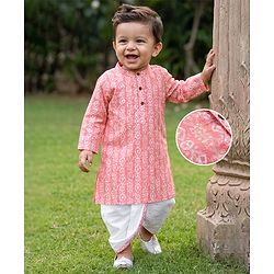 Babyhug 100% Cotton Cambric Woven Full Sleeves Hakkoba Printed Kurta Dhoti Set - Peach