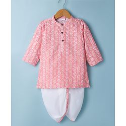 Babyhug 100% Cotton Cambric Woven Full Sleeves Hakkoba Printed Kurta Dhoti Set - Peach