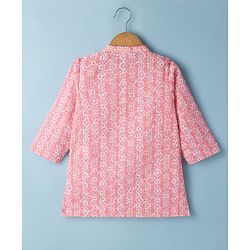 Babyhug 100% Cotton Cambric Woven Full Sleeves Hakkoba Printed Kurta Dhoti Set - Peach