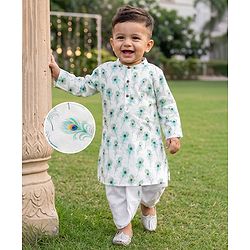 Babyhug 100% Cotton Cambric Woven Full Sleeves Feather Printed Kurta Dhoti Set - White